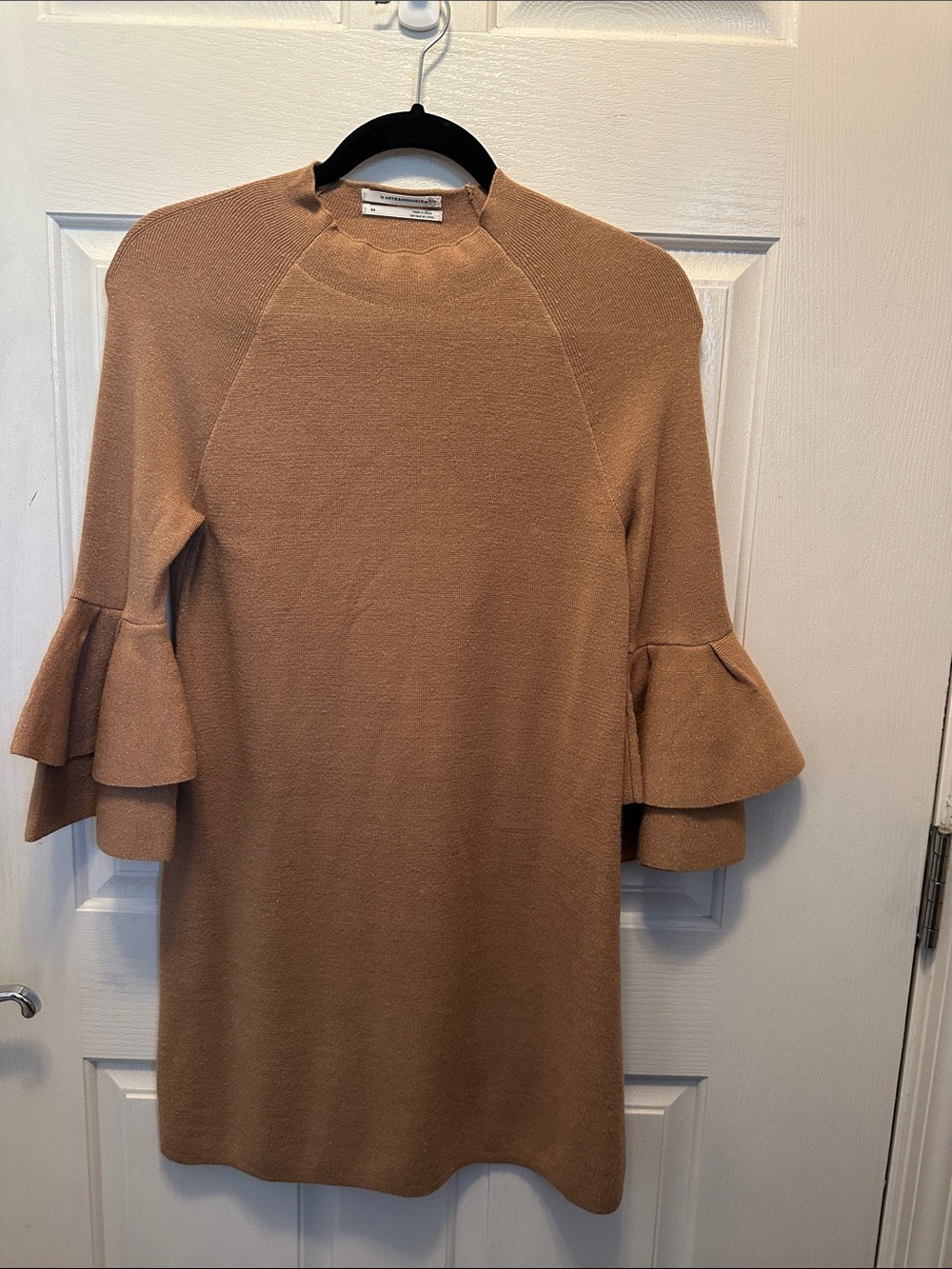 By Anthropologie Tiered Bell- 3/4 Sleeve Knit Dress in Camel Sparkle Size XS